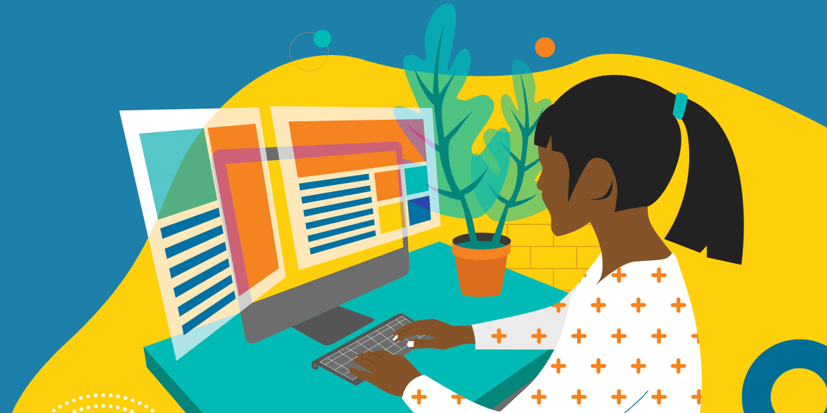 Illustration of an office worker using a desktop computer. Two windows appear to be extending beyond the computer screen.