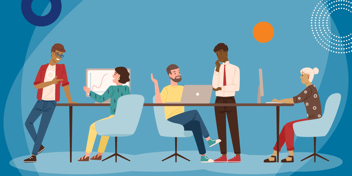 Illustration of colleagues working at a shared table.