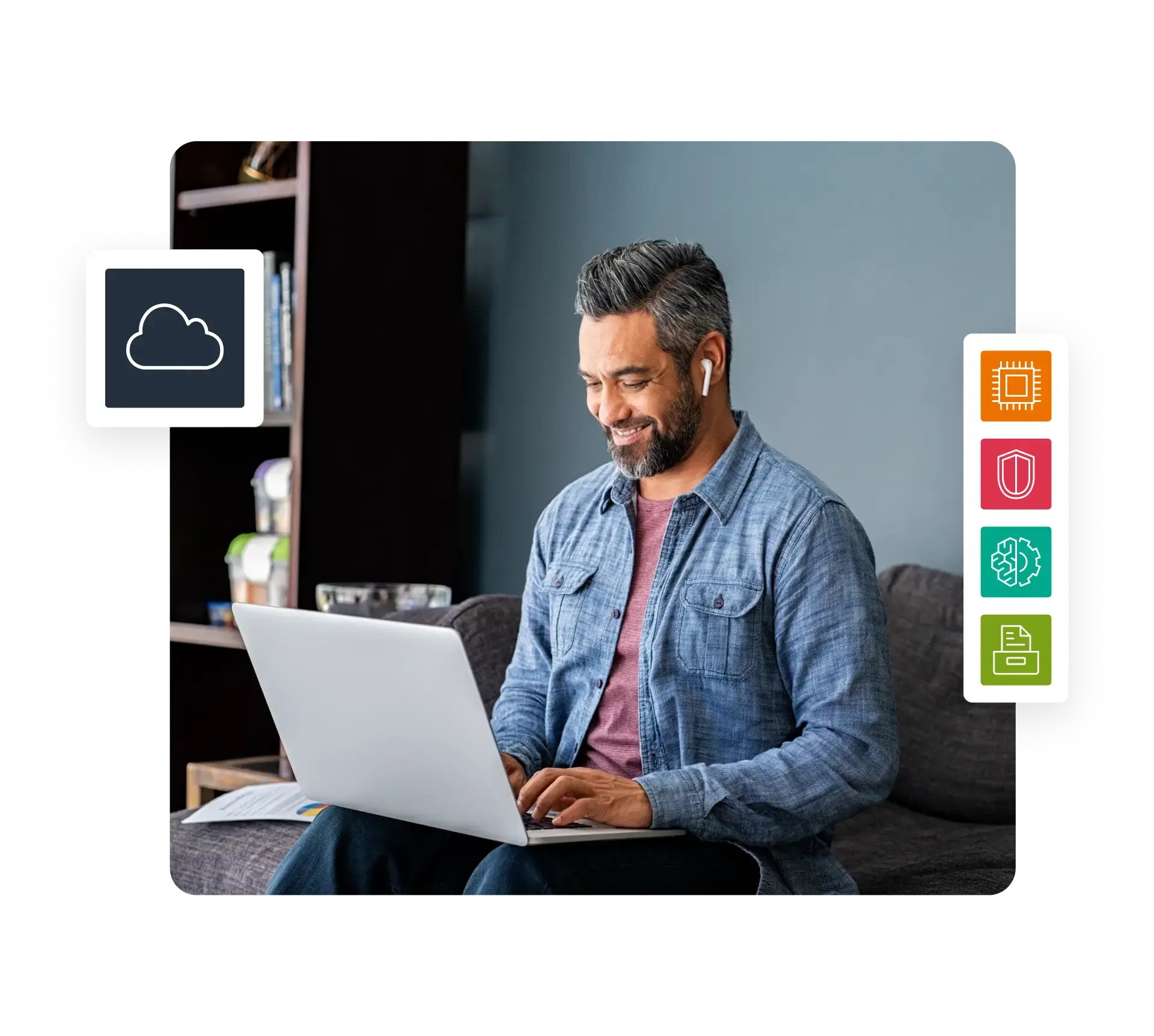 man using computer surrounded by icons for web use