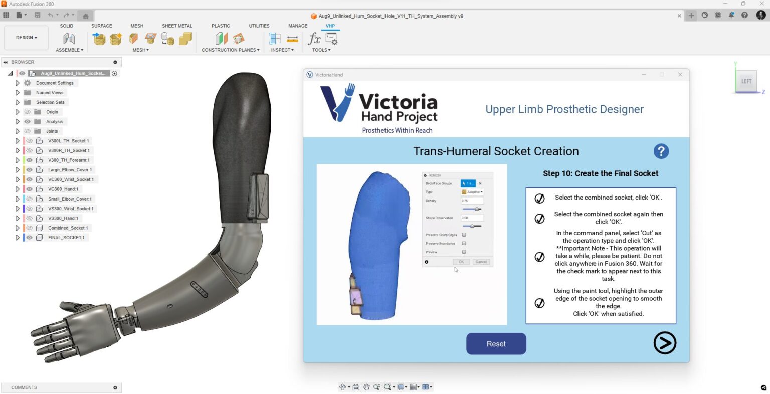 The Victoria Hand Project interface built on Autodesk Fusion.