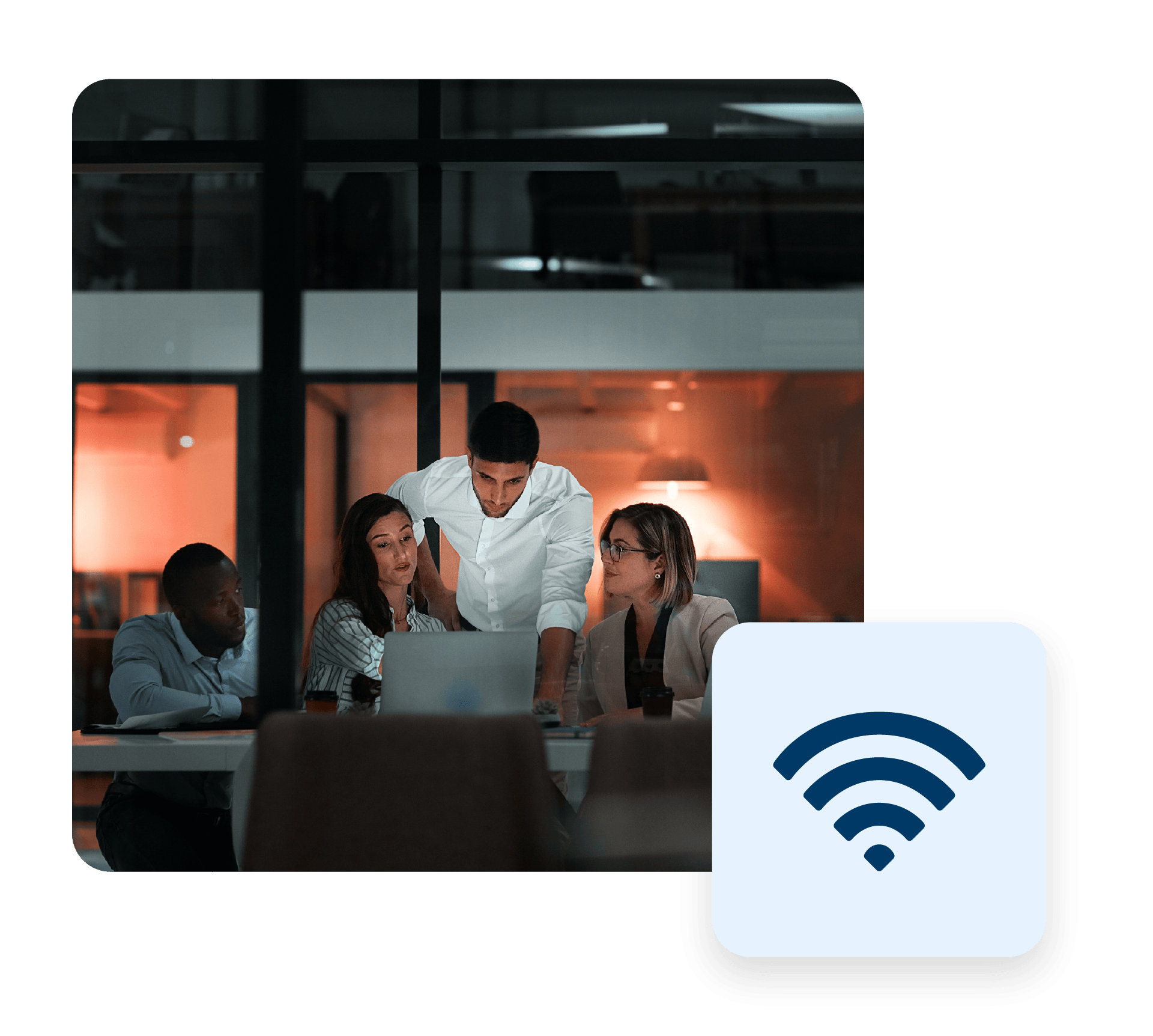 A group of colleagues gathered around a conference table in a modern office. a Wi-Fi icon is inset in a blue rectangle.