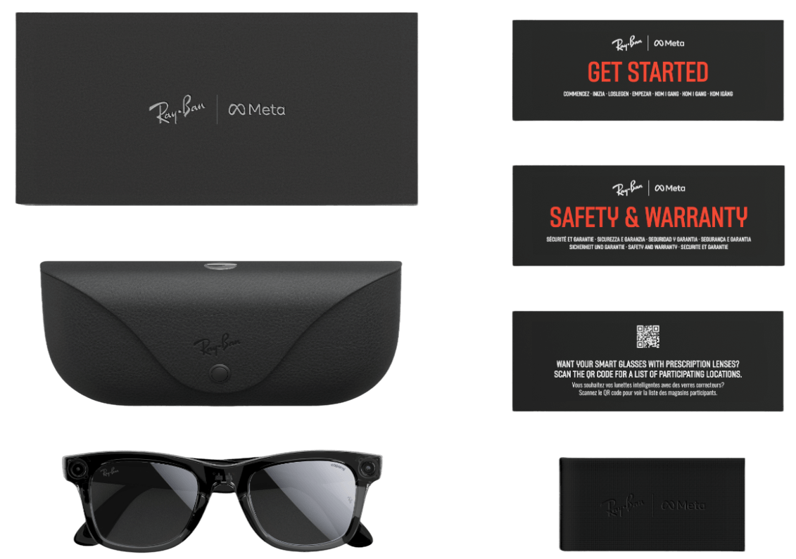 Ray-Ban Meta AI Glasses kit including glasses, charging case, box, and getting-started materials